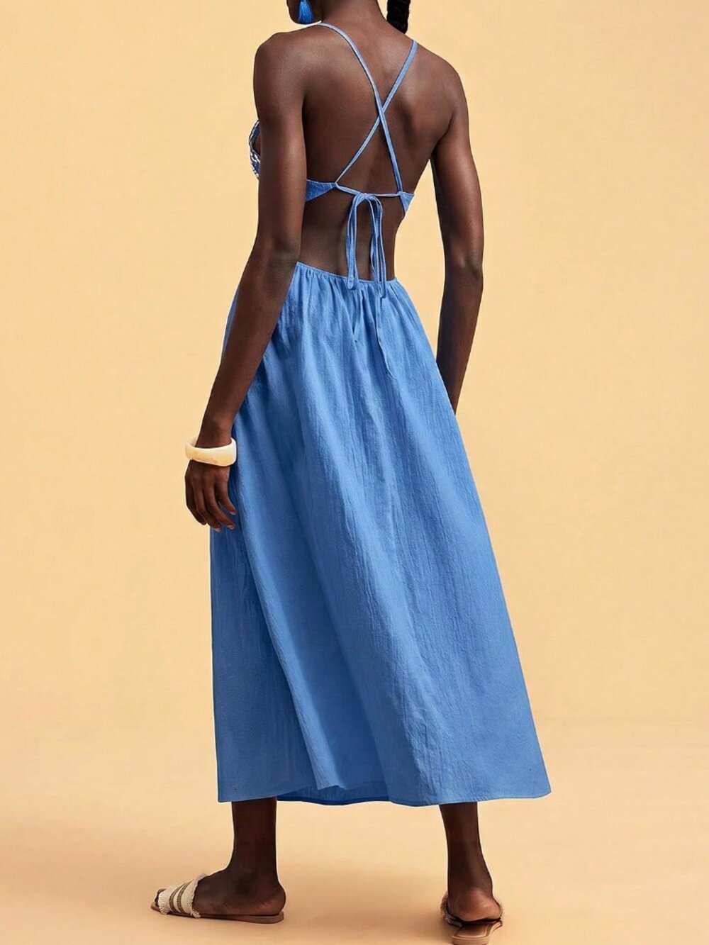 Royal Blue Boho Women's Floral Embroidered Elegant Backless Camisole Dress - Picture 2 of 7